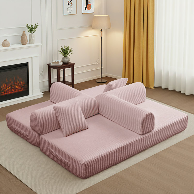 63" Compression Convertible Sleeper Futon Sofa Bed, 4-in-1 Corduroy Upholstered Floor Couch with 2 Pillows, No Assembly Required