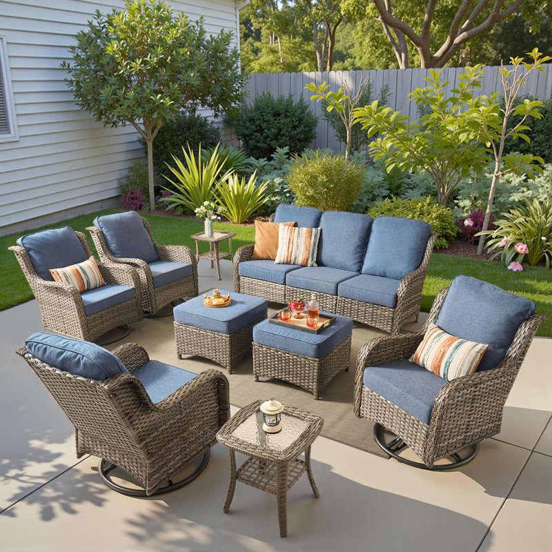 7 - Person Wicker Outdoor Conversation Set, Patio Sofa & Swivel Chair Set with Cushions, Blue Cushion/Gray Frame