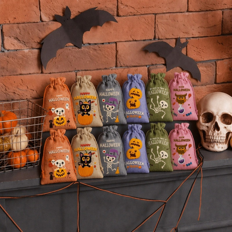Petits sacs-cadeaux d'Halloween en toile de jute avec cordon Petites pochettes en jute