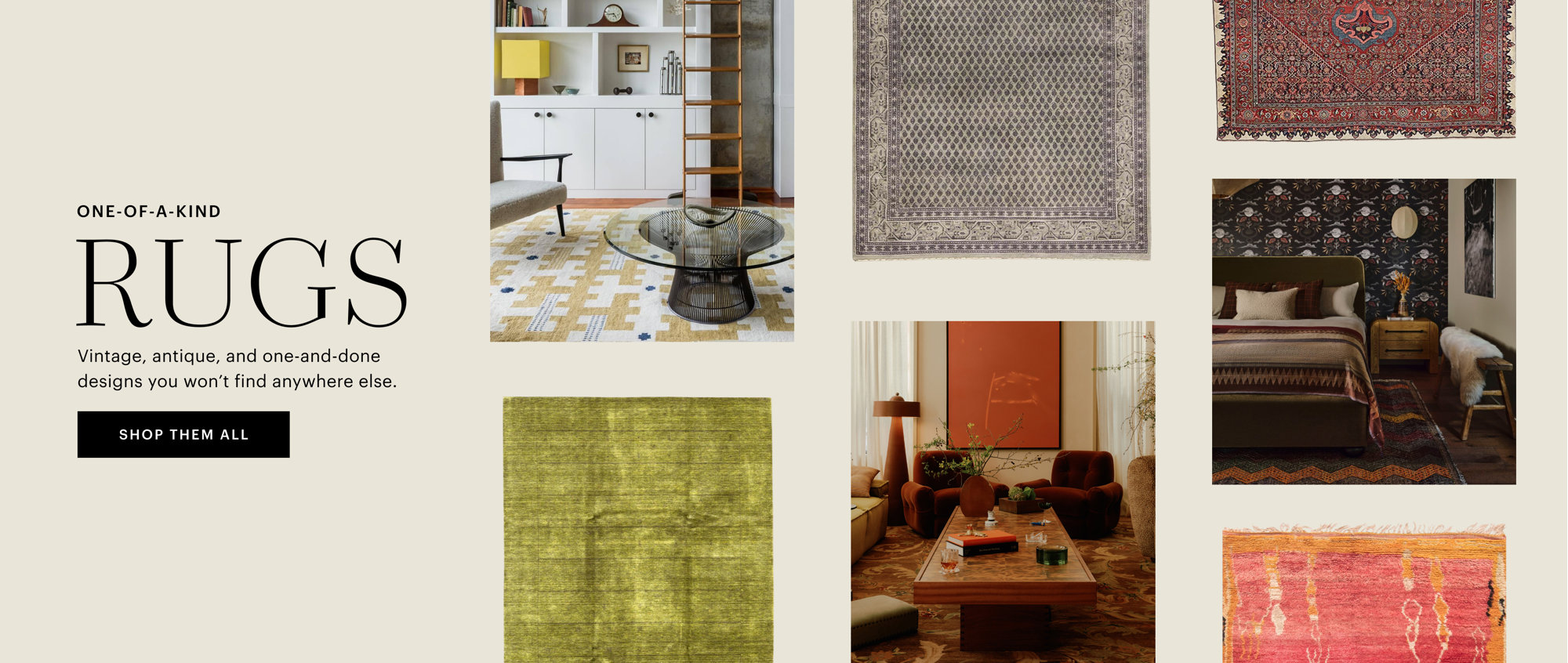 One-of-a-kind rugs in a warm, earthy-toned living room with a feature rug on the left and right; shop them all.