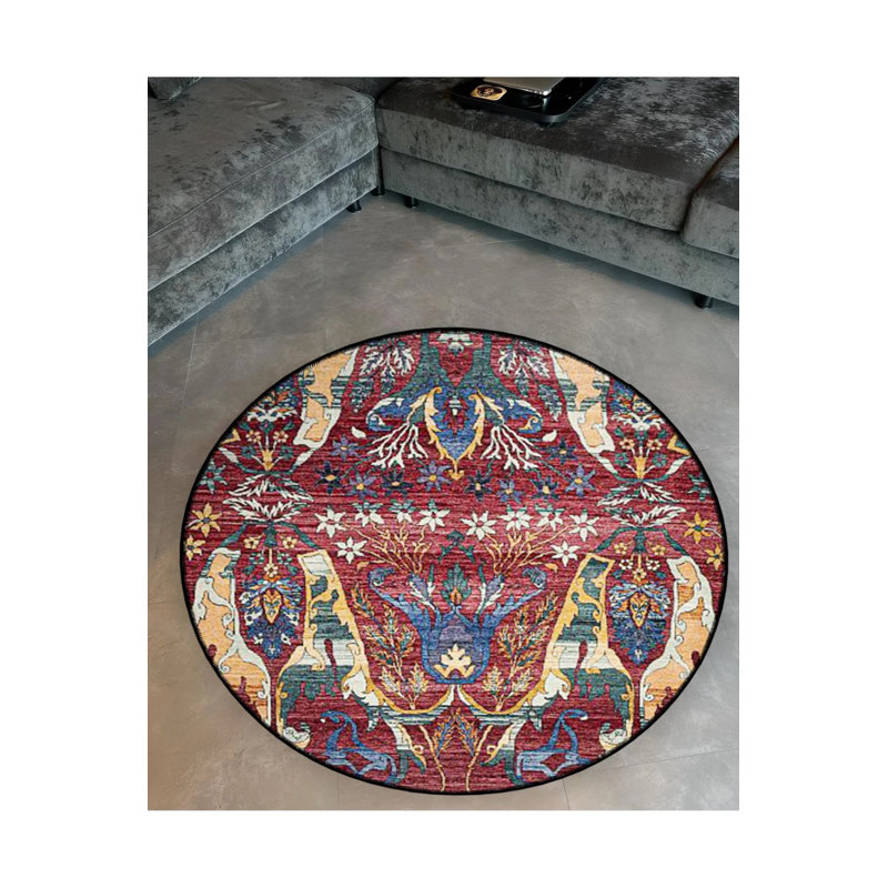 Burdy Theme Floral Traditional Patterned Round Woven Base Vintage Decorative Carpet, Round 3'4"