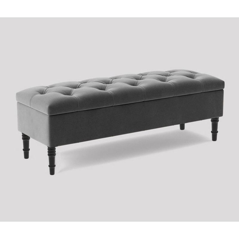 Alyana Wide Tufted Rectangle Ottoman Storage Bench - Upholstery Velvet Shoe Bench with Turned Wooden Legs, Grey