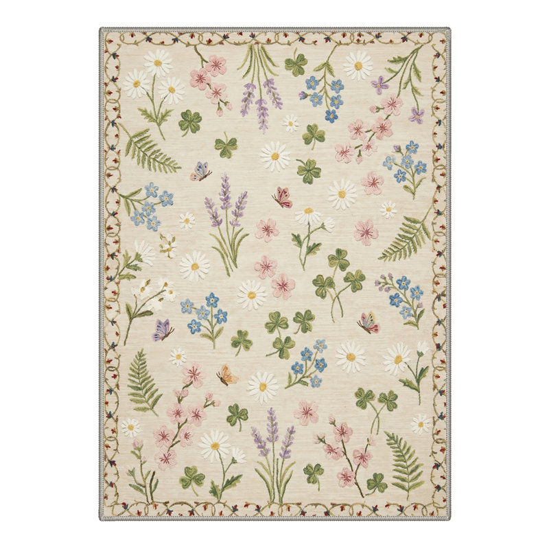 Cogswell Floral Poppy Machine Washable Begie/Green/Yellow Indoor Area Rug With Non-Slip Backing, Runner 2'3" x 6'
