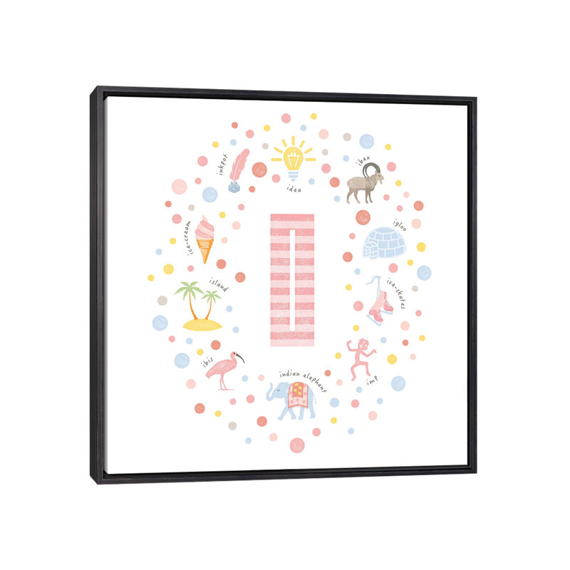Lettre illustrée I rose - impression, H 37 po x l 37 po x P 1,5 po, Toile avec cadre noir patiné, Pas de tapis