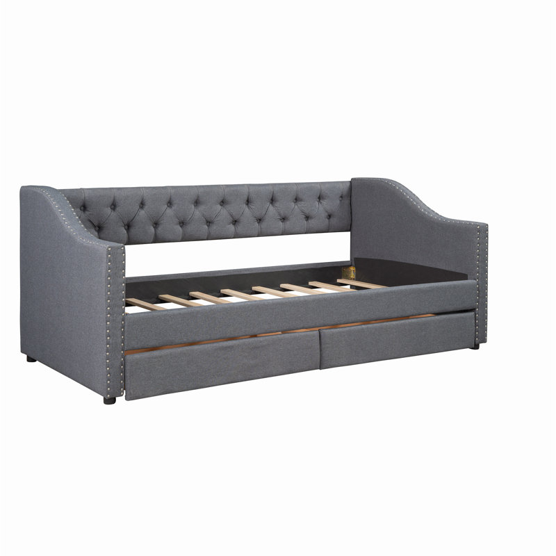 Stylish Upholstered Daybed with Two Convenient Drawers and Reliable Wood Slat Support System