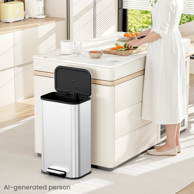 Poubelle de cuisine 8 gallons avec couvercle et pédale à fermeture en douceur, poubelle carrée avec seau intérieur amovible et poignée, poubelle en acier inoxydable, résistante aux empreintes digitales, pour la maison de cuisine (argent)