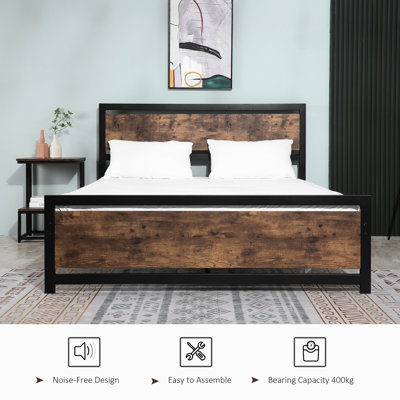 Cadre de grand lit avec style industriel - Support à lattes en métal, aucun sommier nécessaire, rangement sous le lit, 63 po x 82 po x 40,5 po, rangement pour planches de grain de bois foncé, capacité de poids de 880 lb, noir