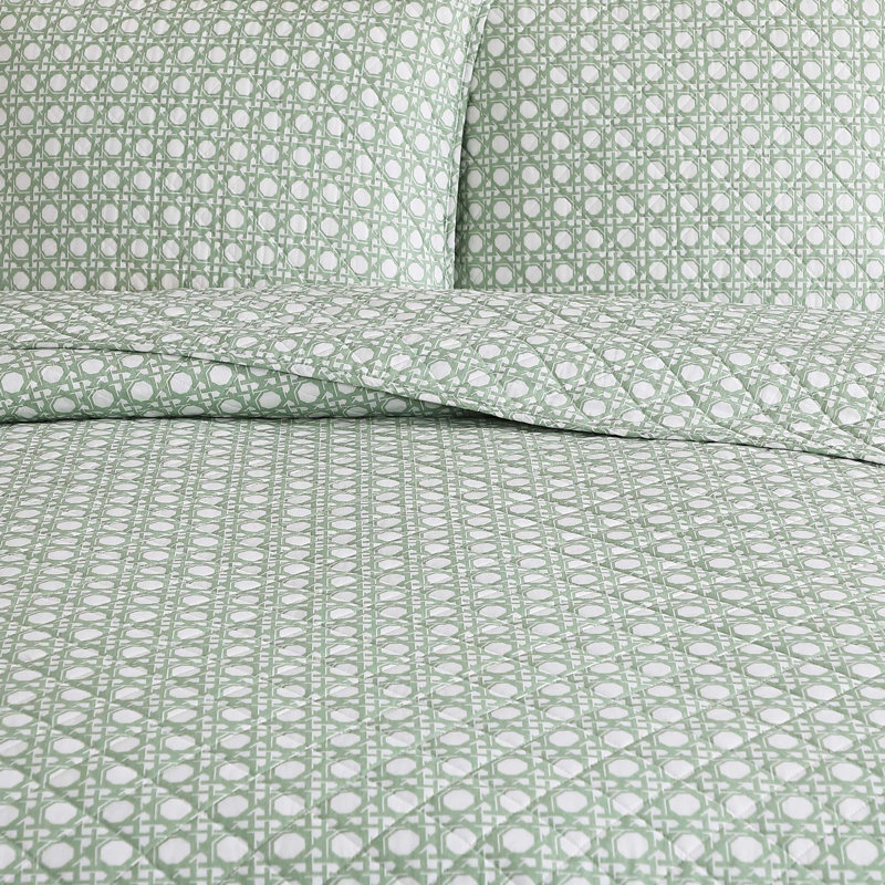 Tommy Bahama Aubrey Cotton Reversible Quilt Set, Green Geometric, King Quilt + 2 King Pillow Shams
