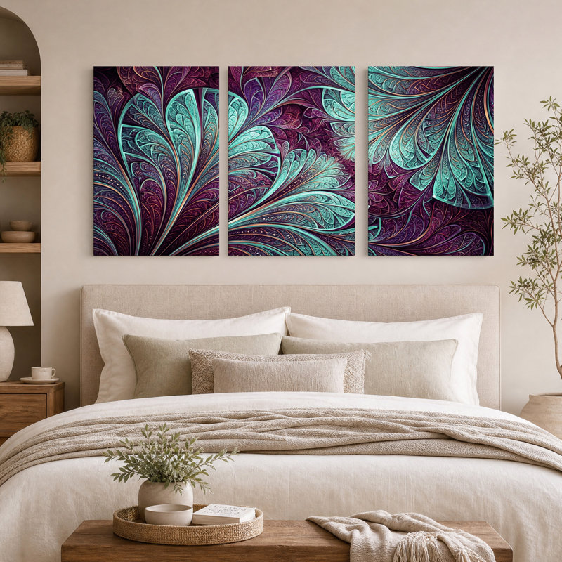 Ensemble de 3 toiles murales représentant des plumes tourbillonnantes turquoise et violettes, 24"H x 16"W x 3pcs
