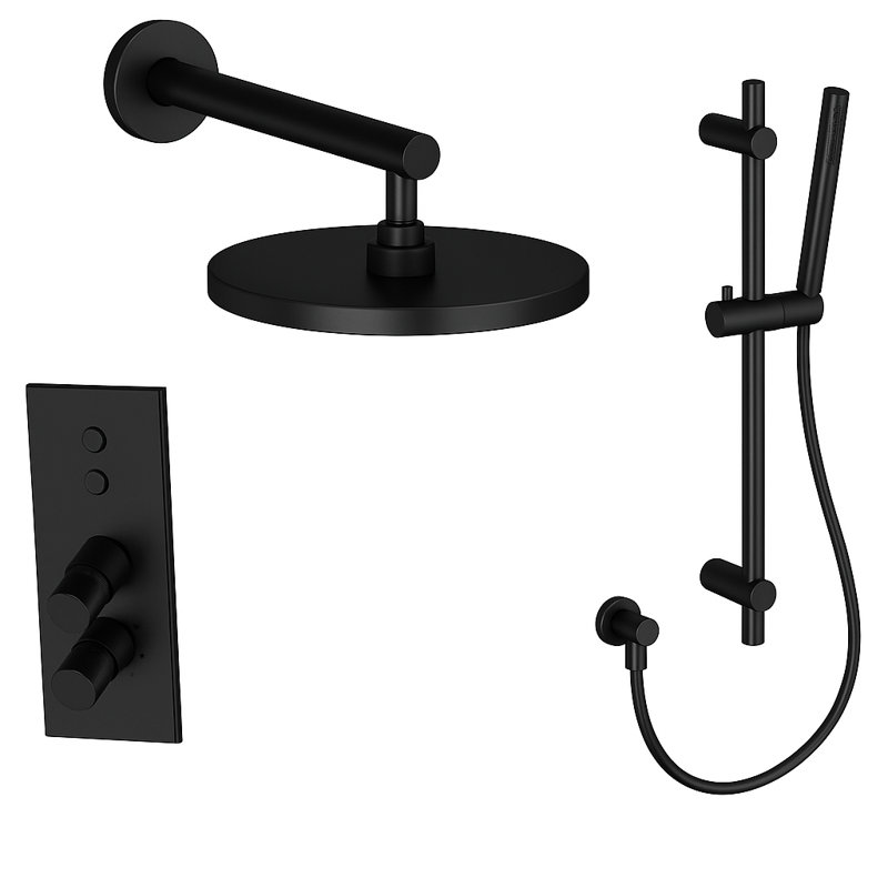 LineaBox Vertical Round Shower System with 2-Way Diverter, 8-Inch Rain Shower Head and Hand Shower with Slide Bar, Valve Included