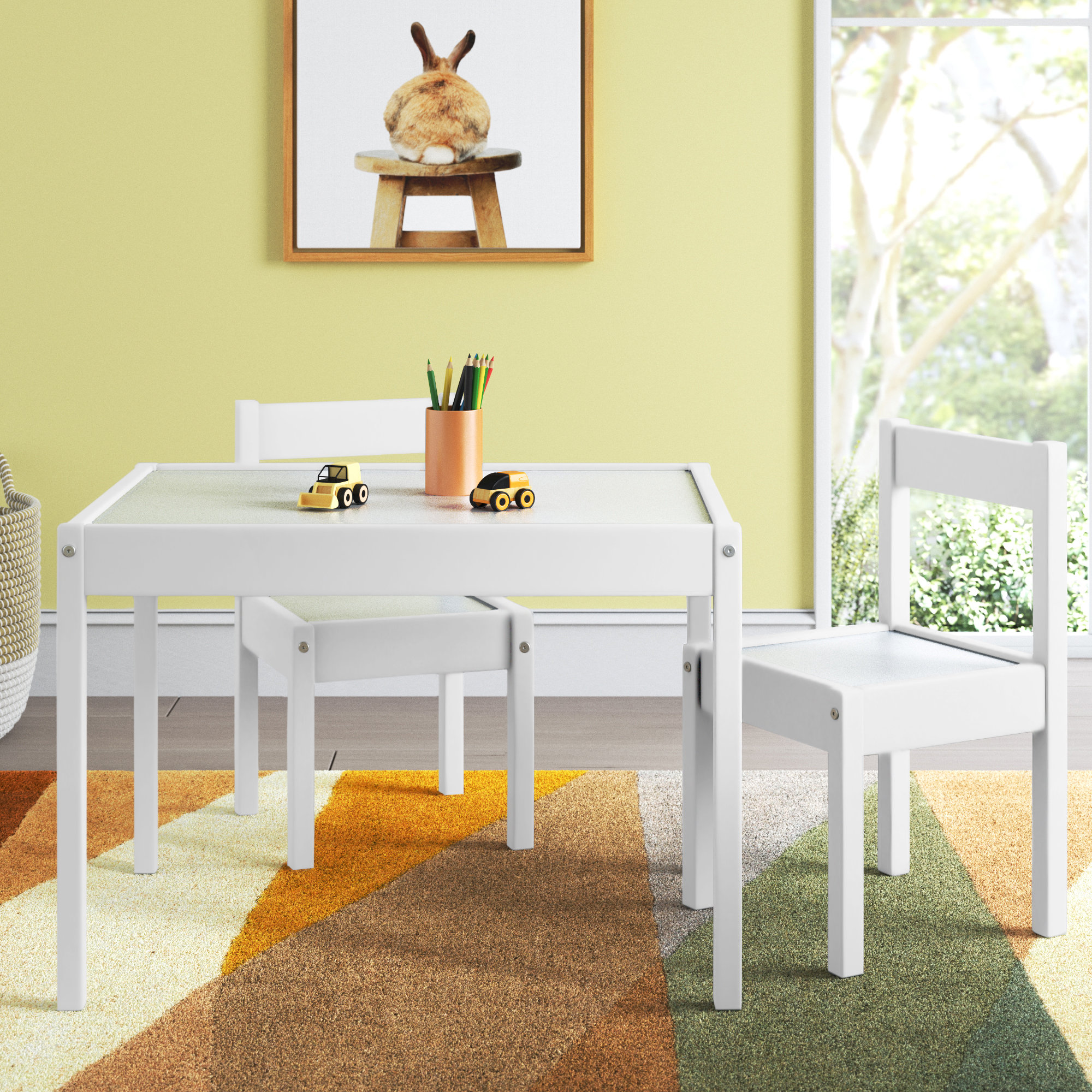 Costzon Kids Table and Chair Set, Kids Mid-Century Modern Style Table Set  for Toddler Children, Kids Dining Table and Chair Set, 5-Piece Set (White