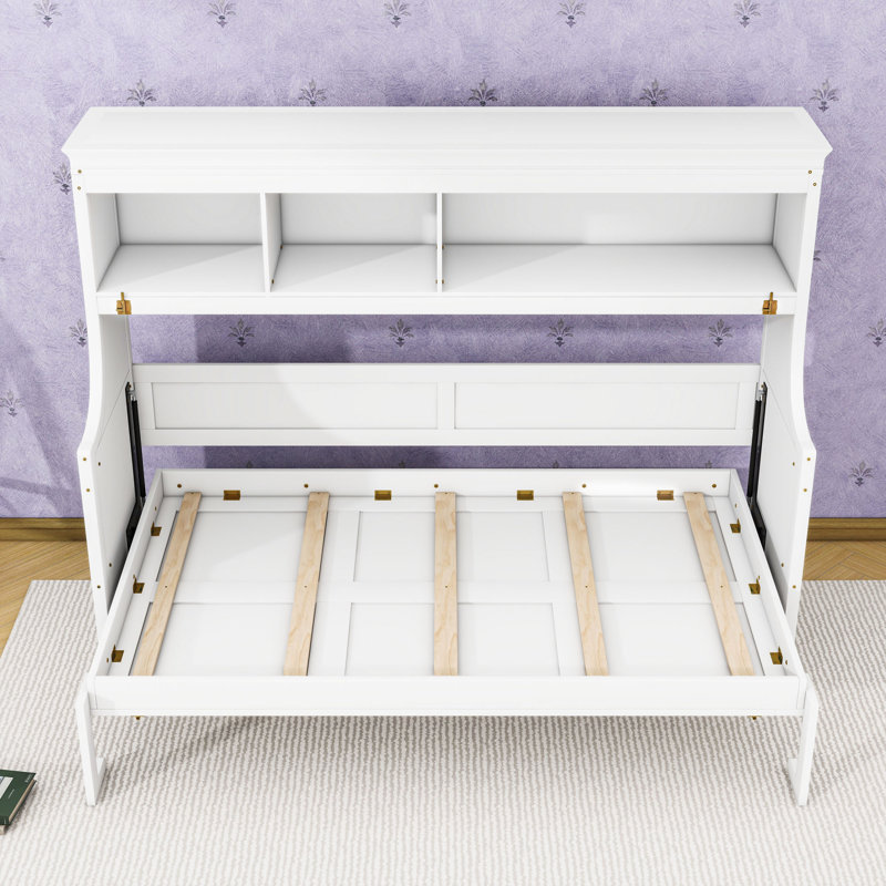 Lit escamotable simple avec bureau intégré et rangement, Blanc