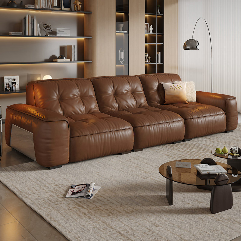 Brown Genuine Leather Modular Sofa cushion Fourseat, 33.07" H x 110.24" W x 41.34" D, Brown