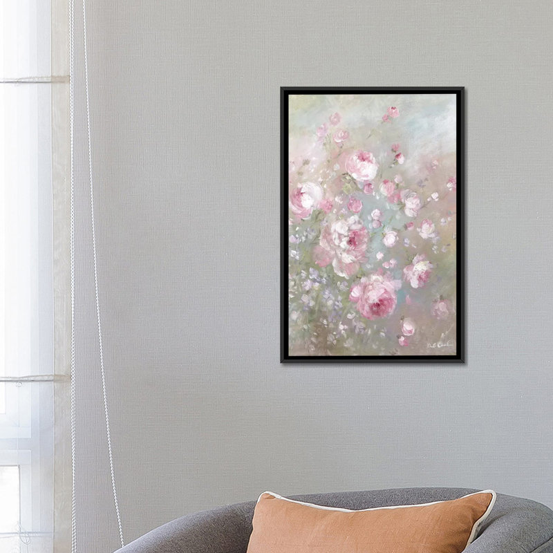 Roses estivales par Debi coules-reproduction d’art, H 26 po x l 18 po x P 1,5 po, Toile avec cadre noir, Pas de tapis