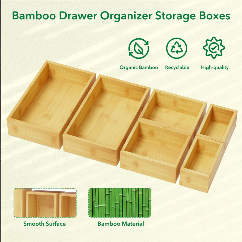 6-Piece Bamboo Drawer Organizer Set, Multi-Use Storage Bins for Kitchen, Bathroom, Office & Makeup Organization