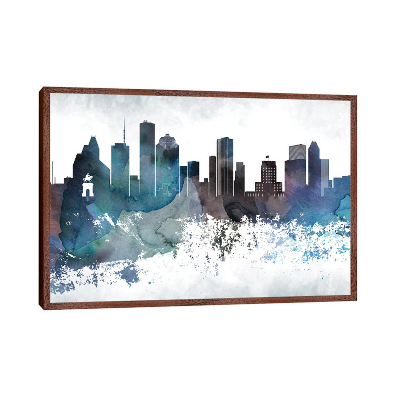 Houston Bluish Skylines - Print on Canvas, 101.6cm H x 152.4cm W x 3.81cm D, Classic Brown Wood Framed