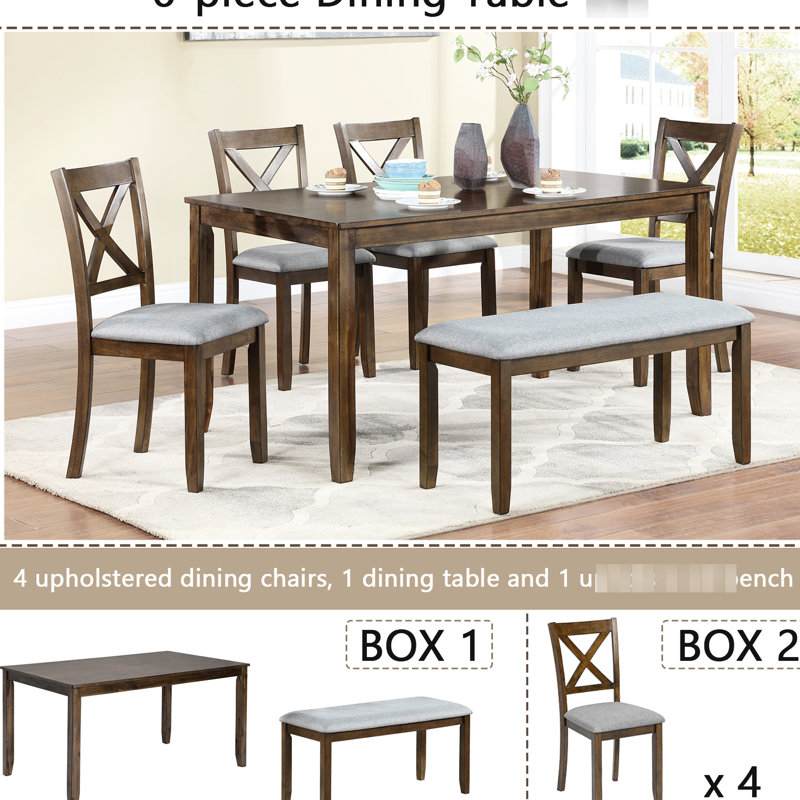 6 tables de salle à manger avec plateau rectangulaire, 4 chaises et un banc spacieux, une table et, Noyer
