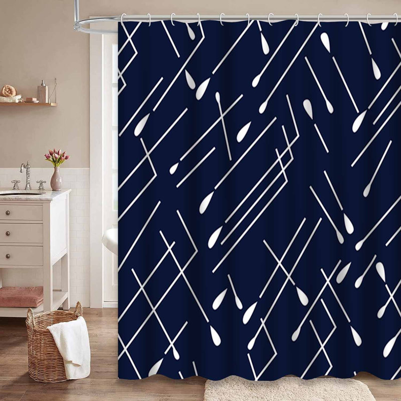 Rideau de douche blanc à rayures bleu marine avec 12 crochets, L 72 po x l 72 po
