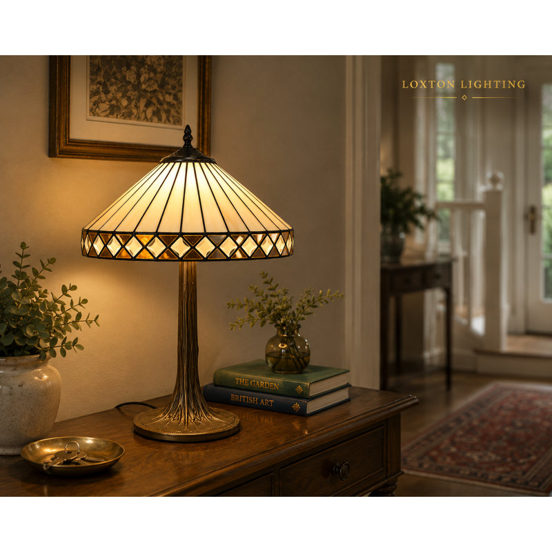 Art Deco Table Lamp, 40.5 cm Diameter Tiffany Style Beige Glass Shade, Tree Base