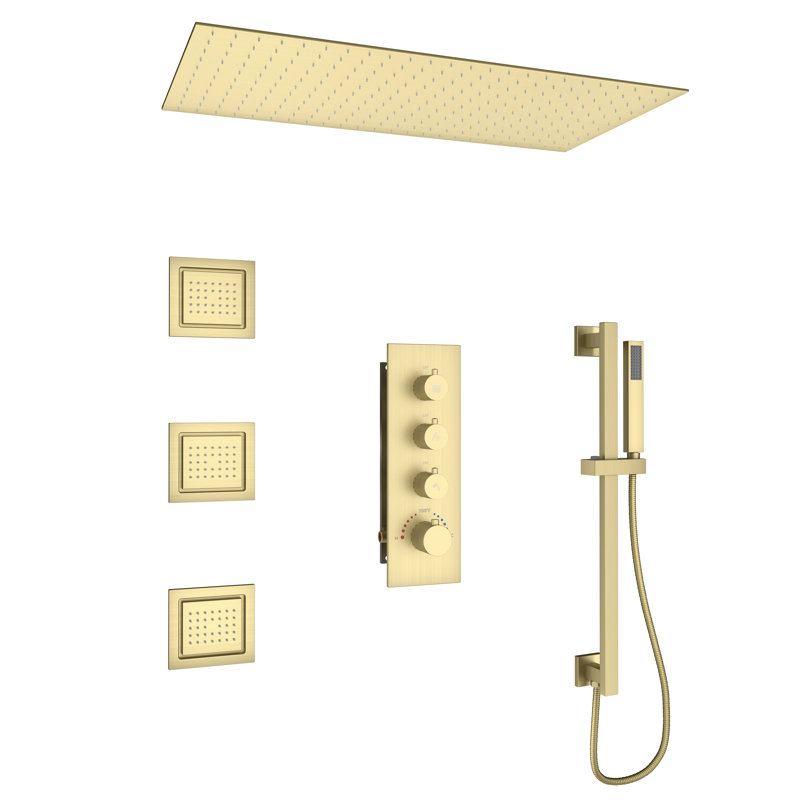Système de douche thermostatique complet à 3 fonctions avec jets de corps et barre coulissante Rodeo 32 po x 16 po, Or brossé