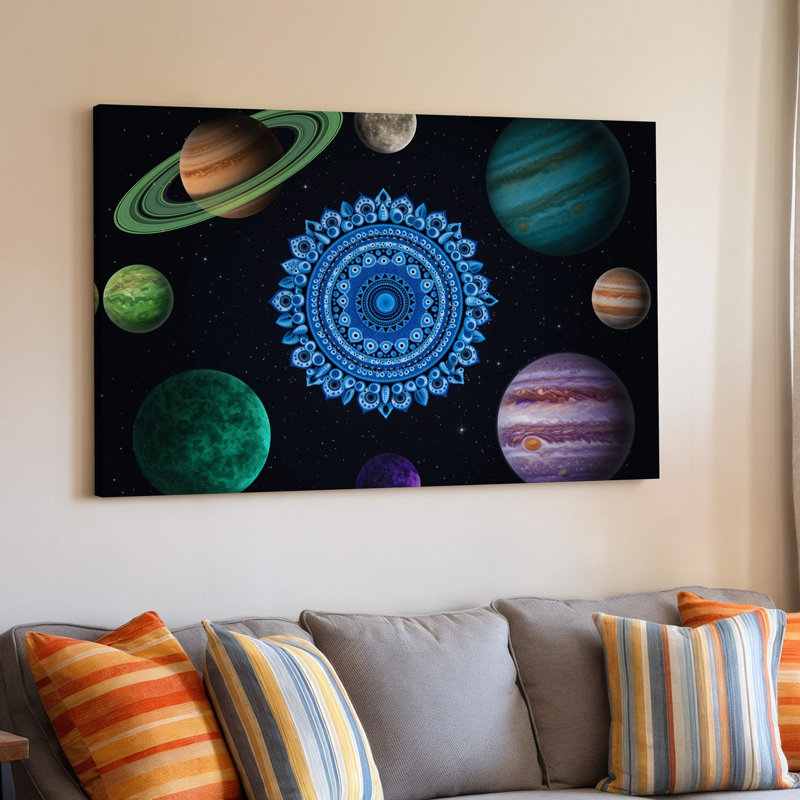 La toile crée une scène cosmique avec un mandala vibrant dans un art mural Le centre composé de motifs bleus complexes avec art mural sur toile