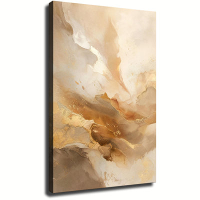 Impression sur toile, art mural neutre beige brun doré à l'encre abstraite, paysage de montagne, décoration murale de luxe minimaliste