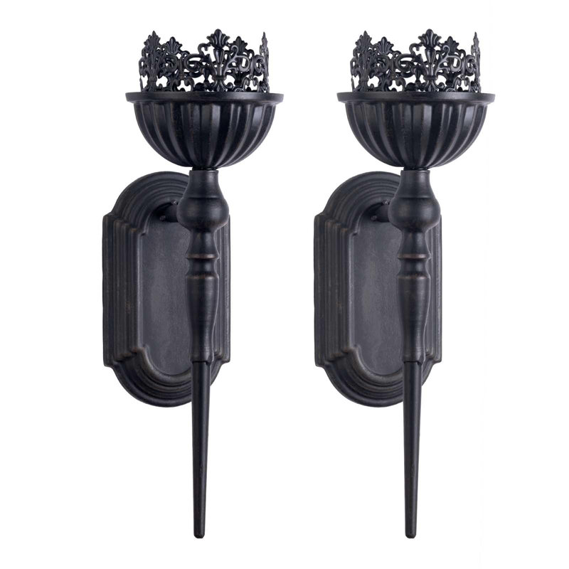 Black Iron and Wood Crown Design Wall Sconce Candle Holders, Set of 2