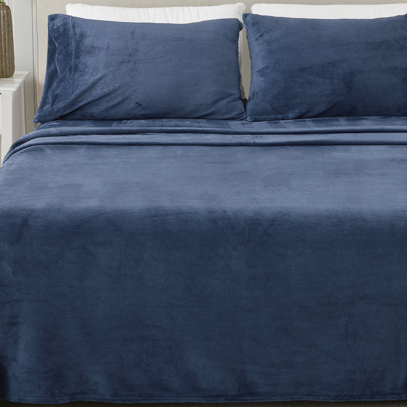 Ensembles de draps en velours ultra doux, Ensemble de draps pour grand lit + un drap-housse , Couleur unie, Bleu marine