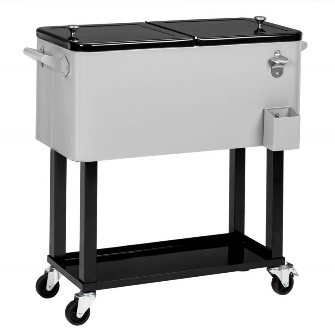 80 Quart Rolling Ice Chest, Drinks Cooler Cart With Shelf