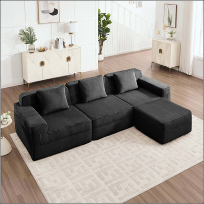 Canapé modulaire modulaire à 3 places en forme de L sans os, canapé modulaire Cloud avec assise profonde, canapé modulaire moderne à 3 places avec coussins décoratifs et 1 repose-pieds mobile, tissu en velours côtelé