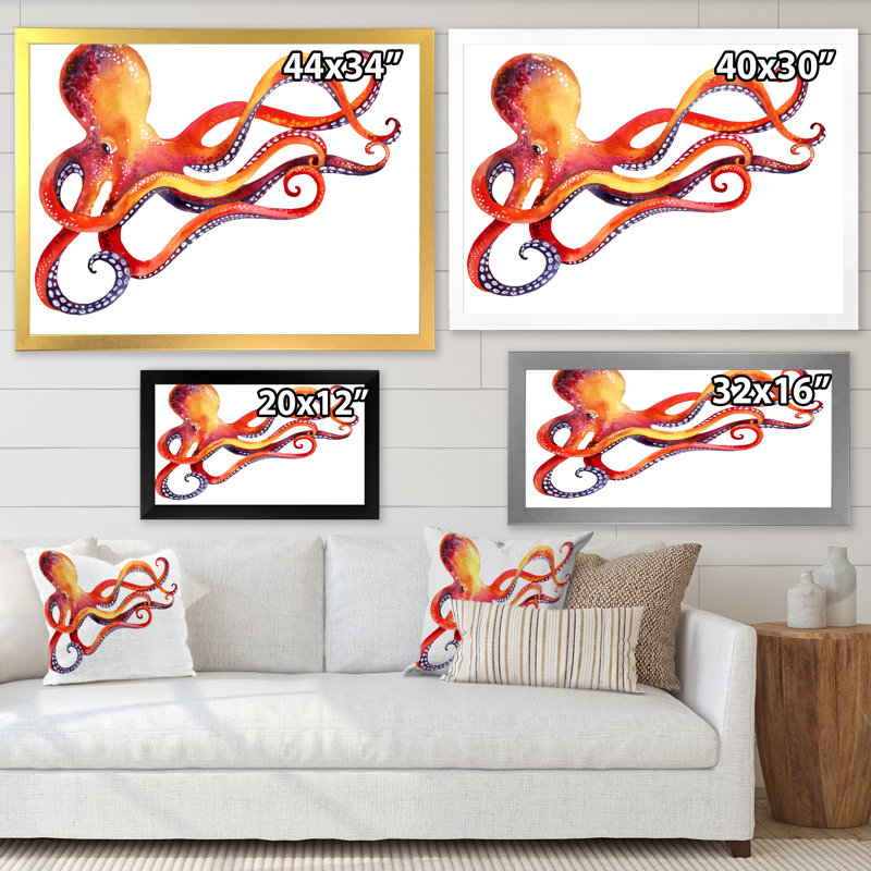 Orange Octopus " Orange Octopus ", Black Picture Frame, 36" H x 24" W x 1" D