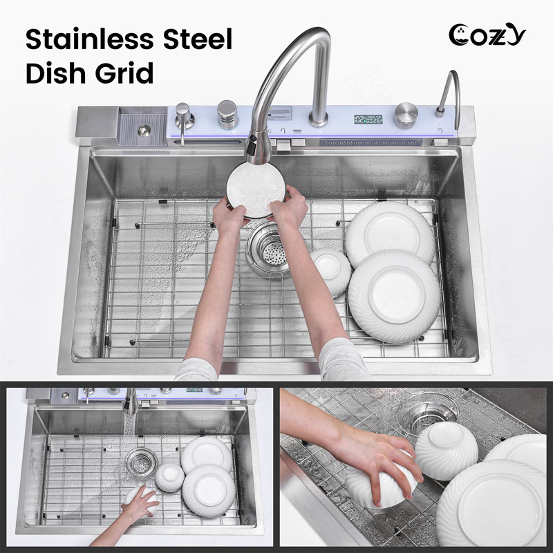 Robinet rétractable à simple cuve d'évier de cuisine 304 33 "x 22" Baleine Cascade Lavabo en acier inoxydable avec accessoires de lave-vaisselle