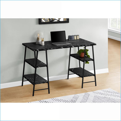 Bureaux, bureau d'ordinateur industriel moderne de 48 po avec tablettes de rangement, stratifié marbré noir, métal noir | noir | métal