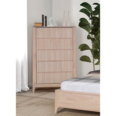 Mid-Century Modern 1Pc Chest Hidden Handles Splayed Bracket Feet Vertical Receding White Wash Finish Bedroom Furniture