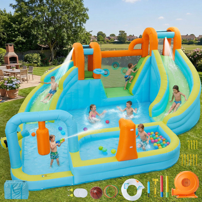 Jeu gonflable 10-en-1 avec toboggan et souffleur - maisonnette intérieure et extérieure pour enfants