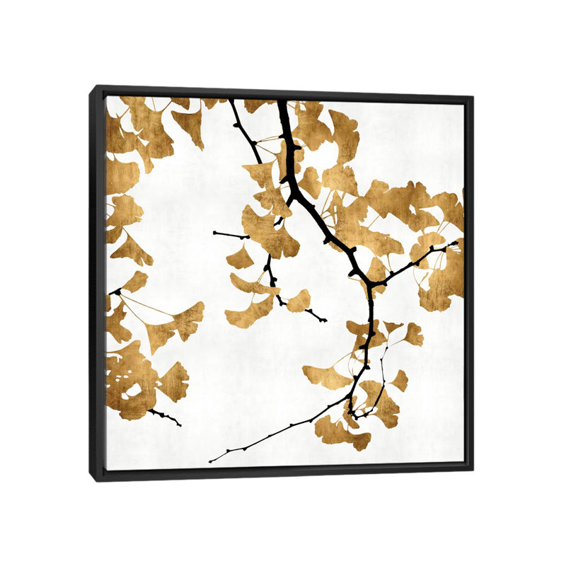 «Ginkgo in Gold II», impression sur toile, H 18 po x l 18 po x P 1,5 po, Toile avec cadre noir, Pas de tapis