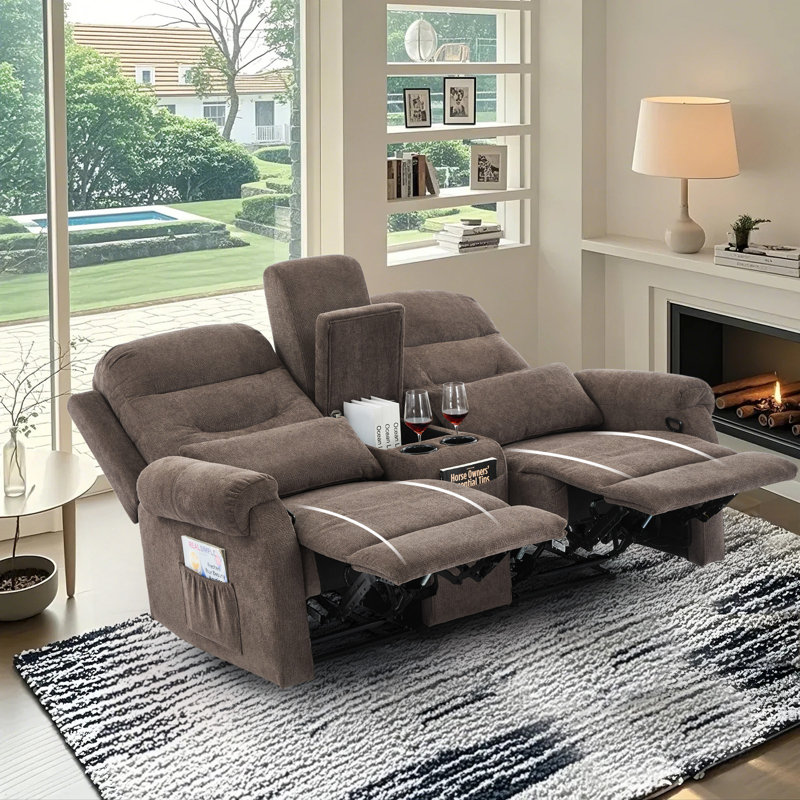 Causeuse inclinable manuelle 65,7 po avec console de rangement et porte-gobelets, Chenille brun