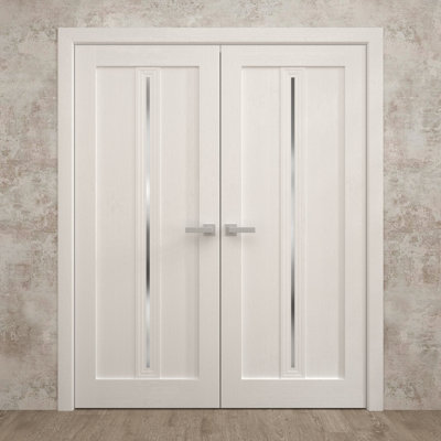 Interior Solid French Double Doors 36 x 80 inches Ego 5014 Painted White Oak Wood Interior Solid Panel Frame Closet Bedroom Modern Doors