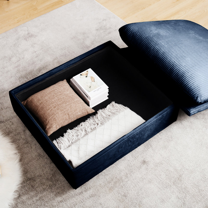 Sectional Sofa L Shaped Couch with Storage Footstool and 3 Pillow, Blue Corduroy, 34.6" H x 122" W x 33.8" D