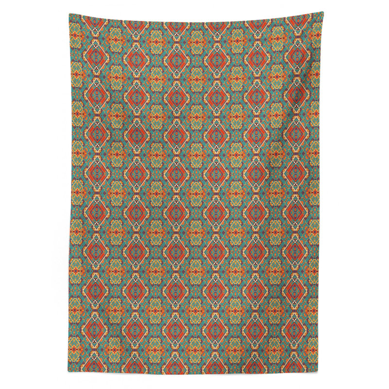 Turquoise Tablecloth, Indigenous Art Drawing Folk Tile Tribal, Rectangular Table Cover For Dining Room Kitchen Decor, 60" X 90", Turquoise And Orange