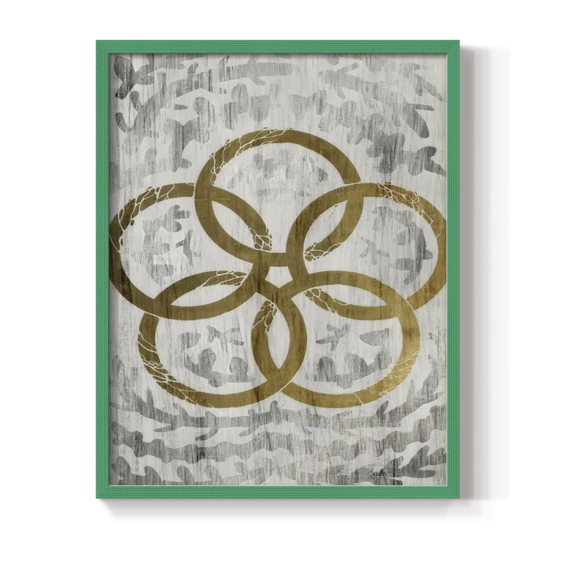 Cinq anneaux dorés - feuille d'or, reproduction encadrée des Fêtes - bois massif, Vert, H 11 po x l 9 po