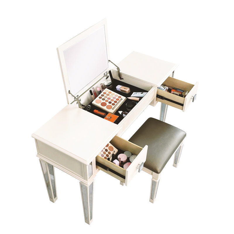 Table de maquillage de chambre à coucher avec miroir - Bureau de coiffeuse en miroir à grande capacité de rangement pour 2 tiroirs
