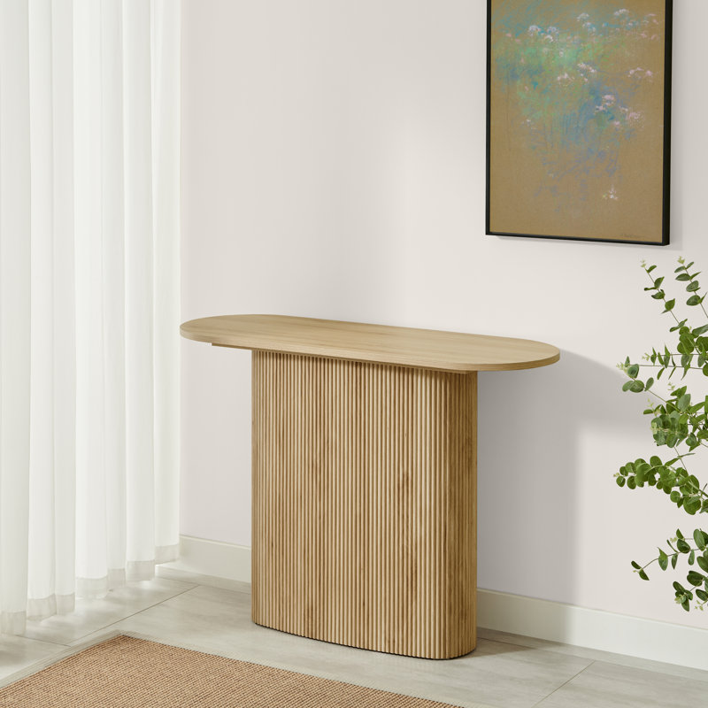 Penny Pillar Round Wood Console Table - Simple & Elegant Scandi Style, Oak