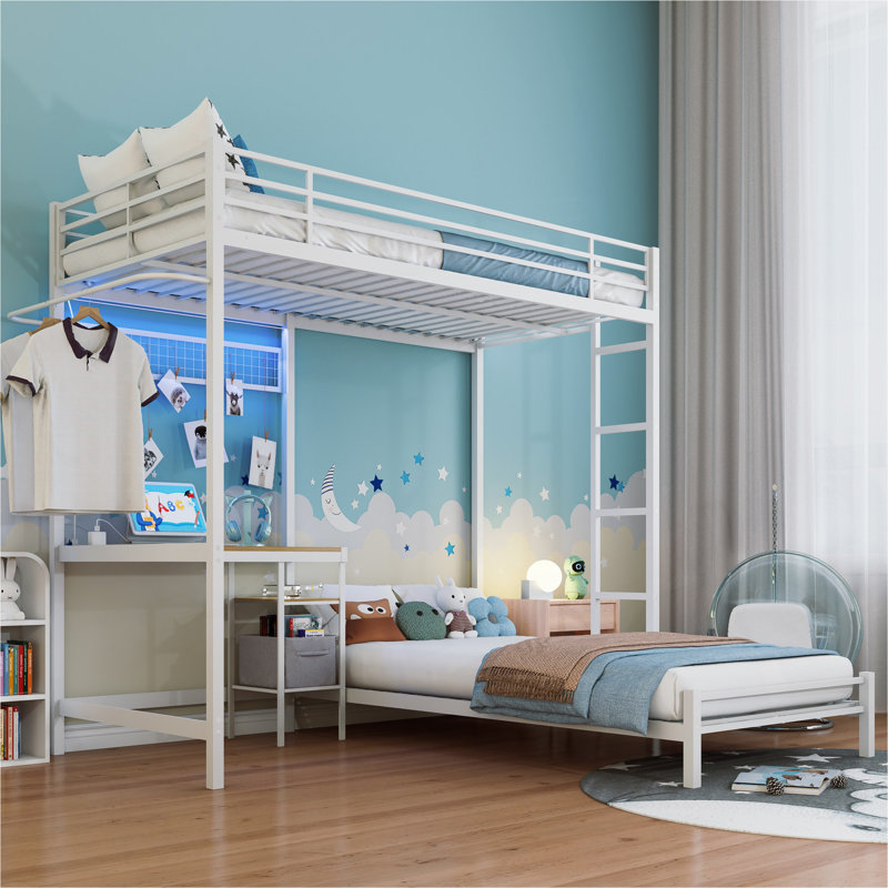 Lit superposé avec échelle et garde-corps haut, capable de se diviser, lit superposé en métal, espace de rangement, silencieux, taille simple sur simple, blanc