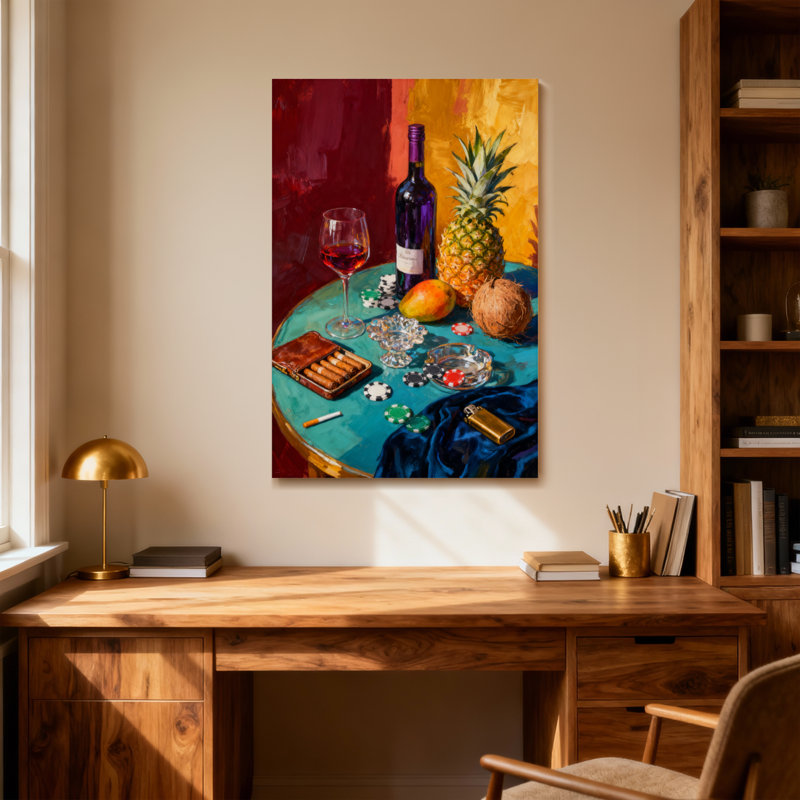 Mode nature morte avec vin et fruits, H 18 po x l 12 po