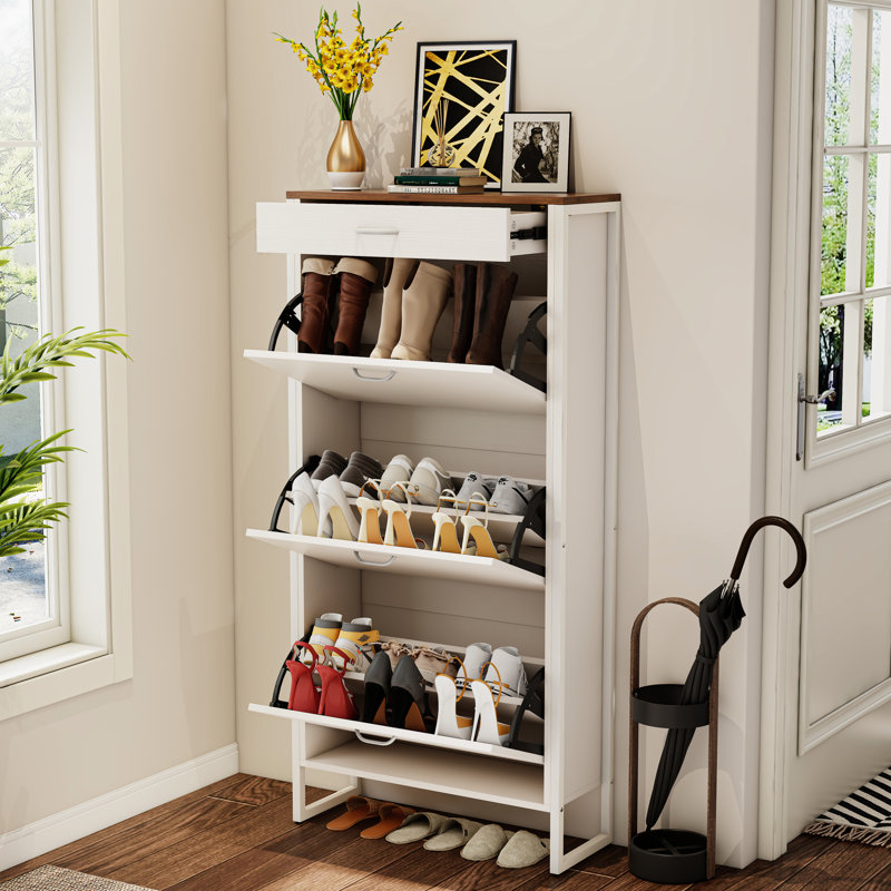 Armoire à chaussures avec 3 tiroirs rabattables et 1 tiroir - mince pour le vestibule, pouvant contenir 8 tiroirs de rangement 10 paires blanc / noyer. Hall d'entrée. Blanc antique et noyer. Paires.