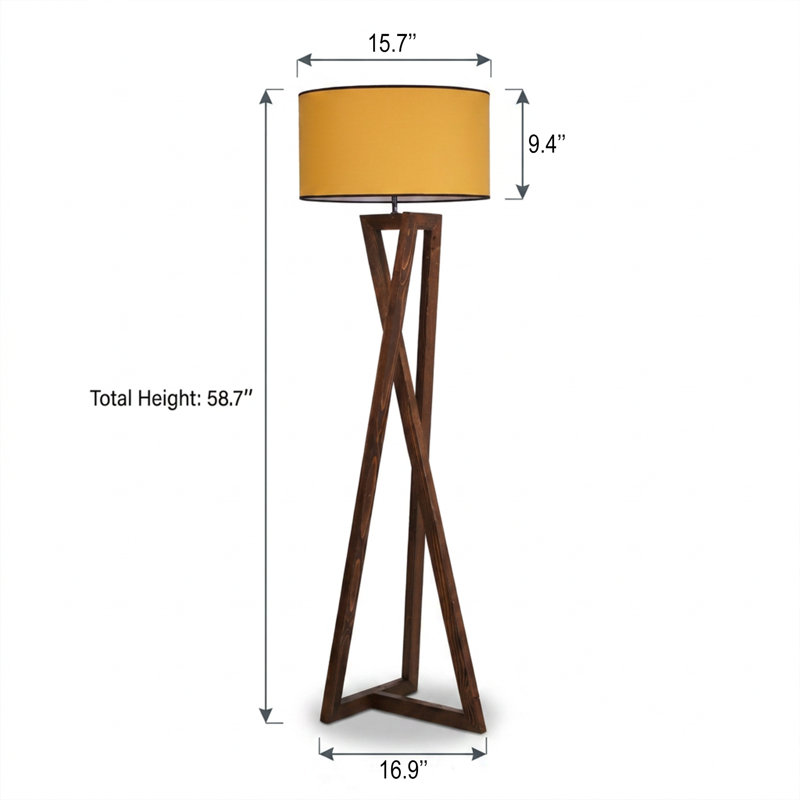 Lampe sur pied à abat-jour cylindrique en noyer nordique et moutarde