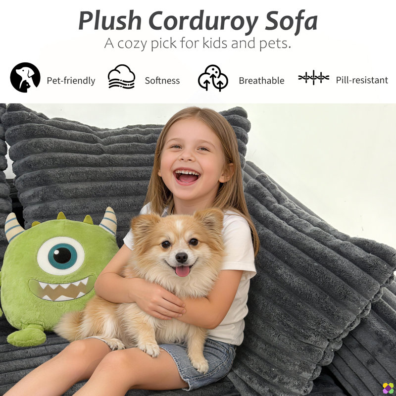 Gus 102.4"W/ 70.8"W 2-Piece 4 Seaters Convertible Corduroy Sofa, 1000 LBS Weight Capacity, Black Plush Corduroy Fabric