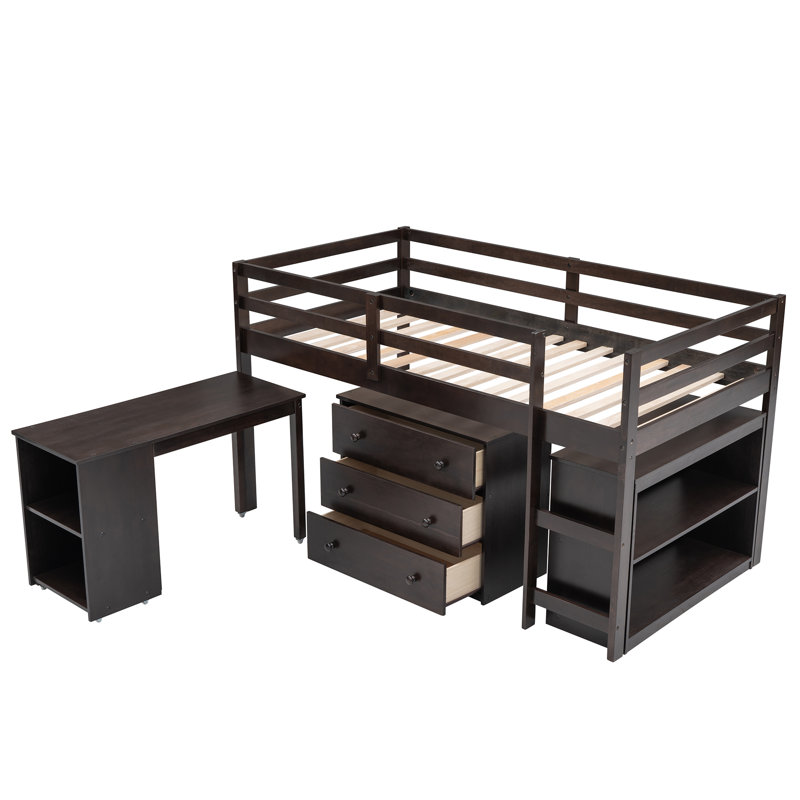 Lit mezzanine bas avec cabinet et bureau portatif à roulettes Low Old Sku: Lpaae, Gris