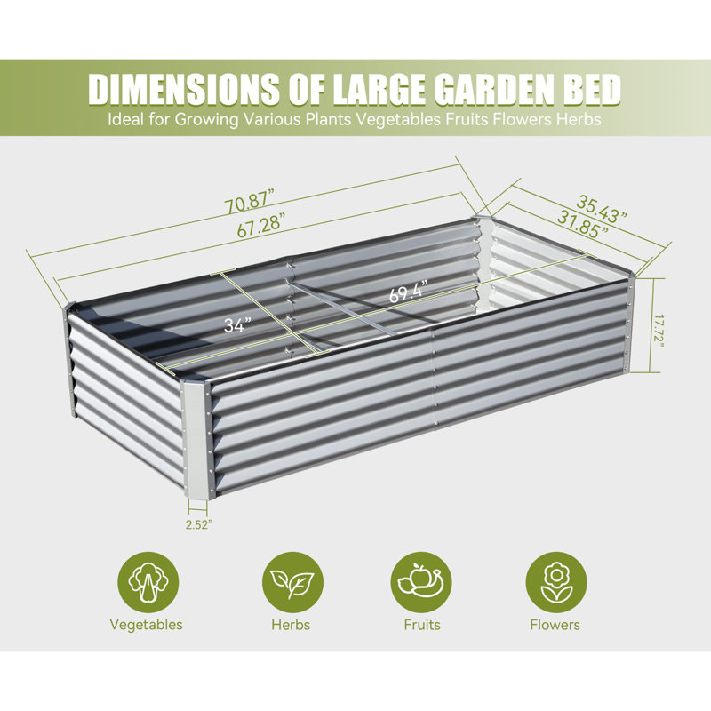 Metal Raised Garden Bed, 17.72" H X 70.87" W X 35.43" D, Silver/White